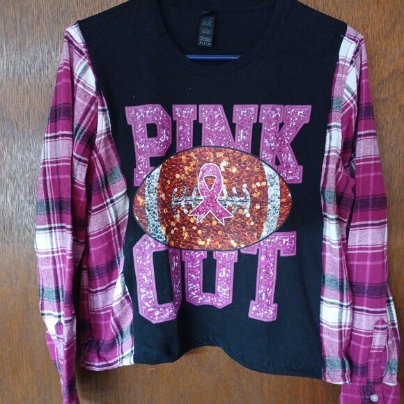 Handmade Tops - Upcycled Pink out football plaid  Flannel/ t-shirt Cancer